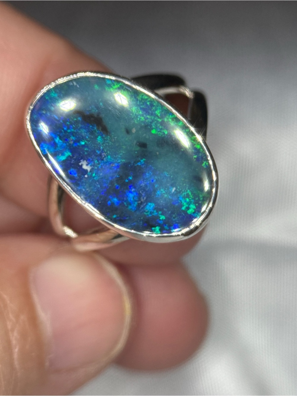 Sterling Silver Blue-Green Opal Oval Ring - Picture 9 of 12